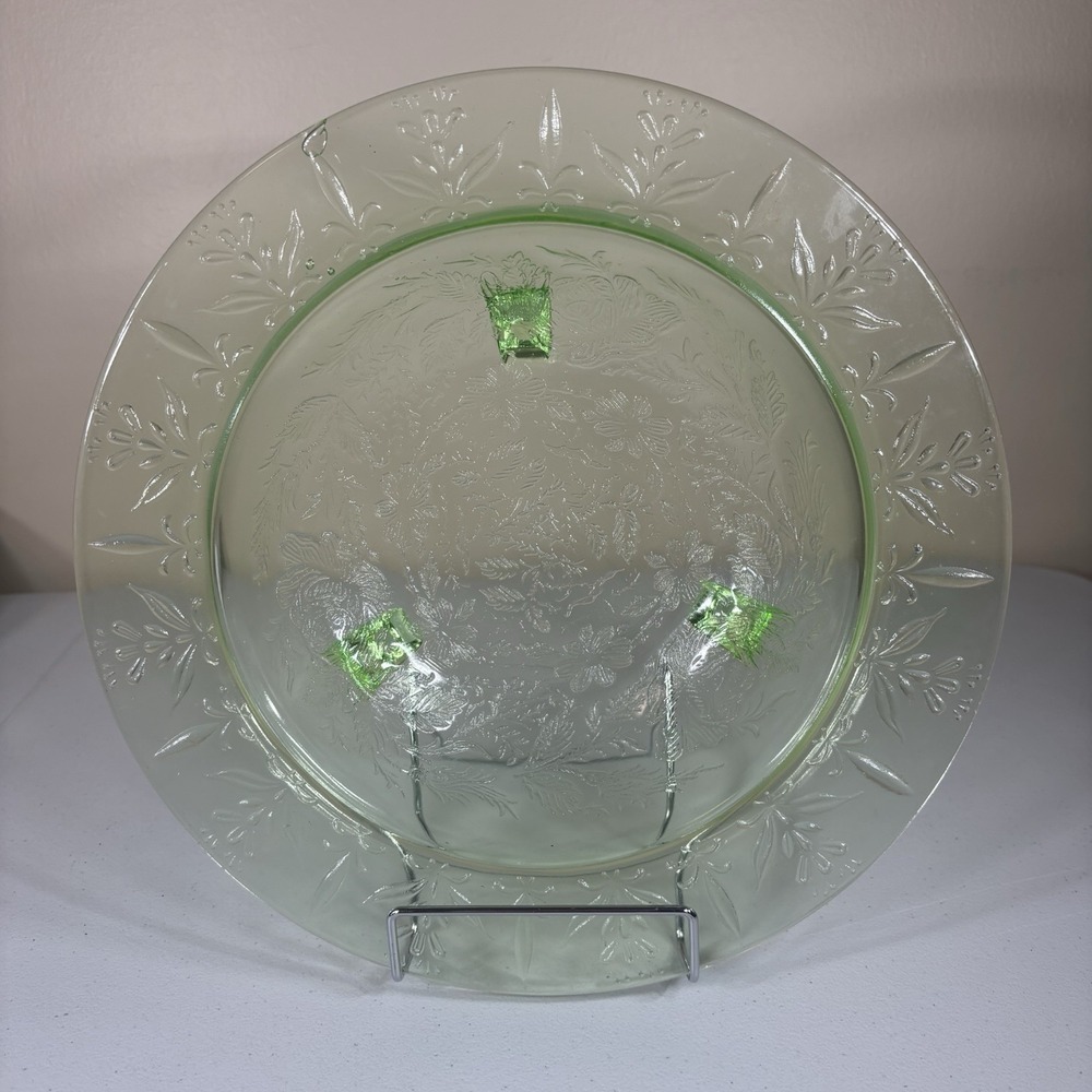VTG Glass Green Depression Vaseline Rose and Thorn 3-Toed Footed Bowl 11" Glows